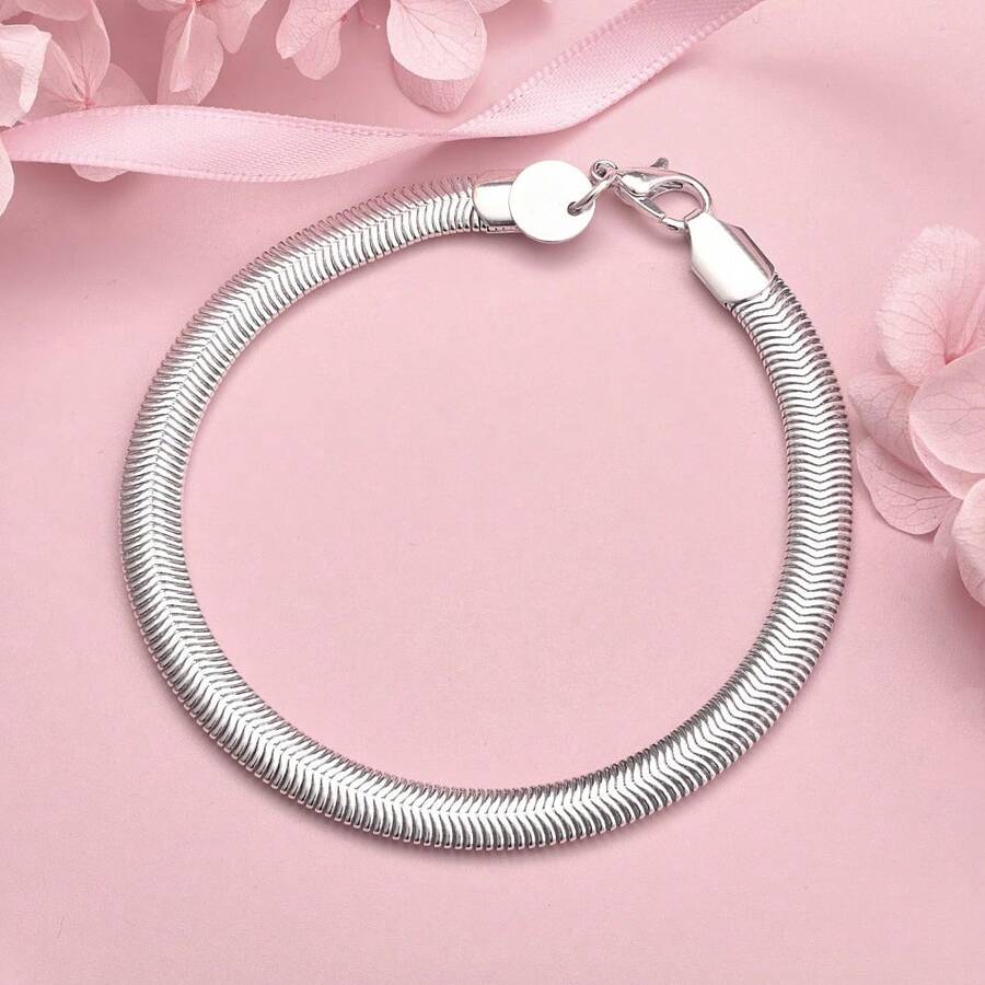 925 Sterling Silver Plated 6mm Snake Chain Bracelet, Unisex Fashion Charm, Suitable For Wedding, Engagement, Party And Other Occasions - Silver - View 1