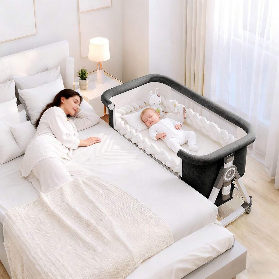 5 In 1 Baby Bassinet Bedside Sleeper, Convertible Baby Crib With Rocking Mode, Wheels And Adjustable Height, Foldable Bassinet With Breathable Mesh, Comfy Mattress, Storage Basket And Removable Mosquito Net - 黑色 - 查看 1