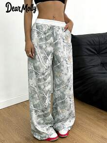 DEAR MOLLY 女士休闲复古迷彩树枝印花高腰宽松长裤，飘逸长裤，时尚街头风新款迷彩裤 - 綠色 - 查看 2