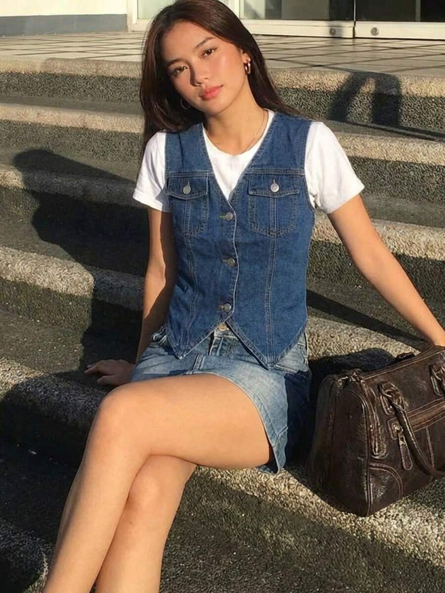 Cropped Denim Vest, Vintage Fitted Cotton Women Jacket - Dark Wash - View 1