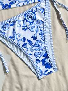 2pcs/Set Floral Print Patchwork Bohemian Tie-Front Bikini Top And Triangle Bottoms Vacation Beach Summer - Multicolor - View 6