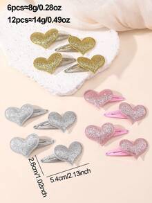 3对/6对装女孩闪亮彩色心形发夹套装，适合日常装饰