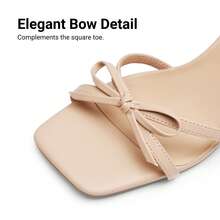 Women Stiletto Heeled Sandals With Bowknot Decor, Fashion Kitten Heels Square Open Toe Ankle Strap Heeled Sandals For Wedding Party Evening - 裸色 - 查看 7