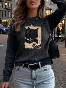 Große Größen Pullover mit Katzen-Muster, Rundhalsausschnitt, lässig für Herbst/Winter