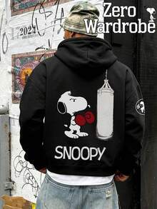 SNOOPY Pursuing Power Pattern Printed Men's Casual Fashion Hoodie, Loose And Comfortable Street Style Long Sleeved Home Style, Soft Cotton Blend Men's Warm Winter Clothing, Men's Winter Clothing - 黑色 - 查看 1