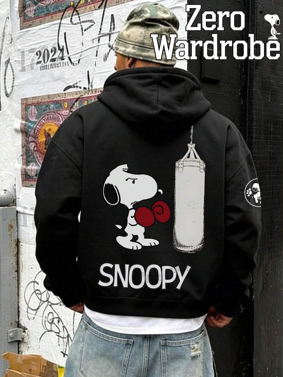 SNOOPY Pursuing Power Pattern Printed Men's Casual Fashion Hoodie, Loose And Comfortable Street Style Long Sleeved Home Style, Soft Cotton Blend Men's Warm Winter Clothing, Men's Winter Clothing - 黑色 - 查看 1