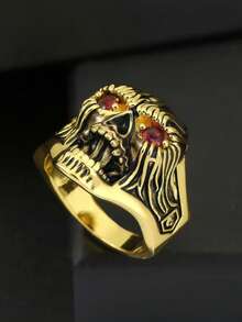 高品质个性化男士万圣节骷髅头戒指，红眼镶嵌奢华锆石，铜合金材质，时尚百搭，是情人节、周年纪念日的理想礼物。 - 金色 - 查看 6