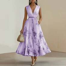 Women's Floral Print Maxi Dress Sleeveless Deep V Neck Pleated A Line Dress Elegant Evening Party Formal Wedding Guest Dresses - 藍色 - 查看 4