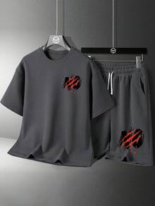 青少年男童卡通图案印花圆领短袖T恤和短裤套装 - 深灰色 - 查看 2