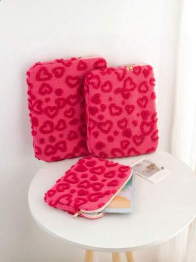 1pc Plush Heart Pattern Laptop Sleeve, Multi-Functional Shock-Resistant Laptop Bag, Quilted Bow Design Portable Protective Case, Fits 11/13.3/15.6 Inch Laptops, Suitable As Gift For Teachers, Students, Schools, Libraries, Classmates, Friends