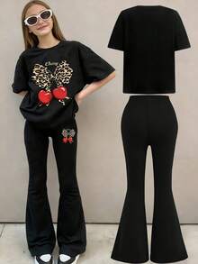 少女卡通印花短袖上衣和修身喇叭裤 - 黑色 - 查看 2