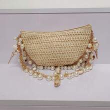 1pc Niche Vintage Straw Woven Seashell Pearl Handbag With Chain Strap, Casual Vacation, Wedding Party, Gift Shoulder Bag For Women - 米色 - 查看 7