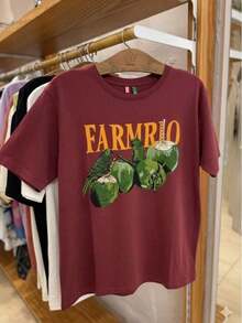 Women's T-Shirt With Tropical Print: Parrots, Palm Trees And Green Coconuts. Immediate Shipping. Premium Cotton Fabric. - Redwood - View 2