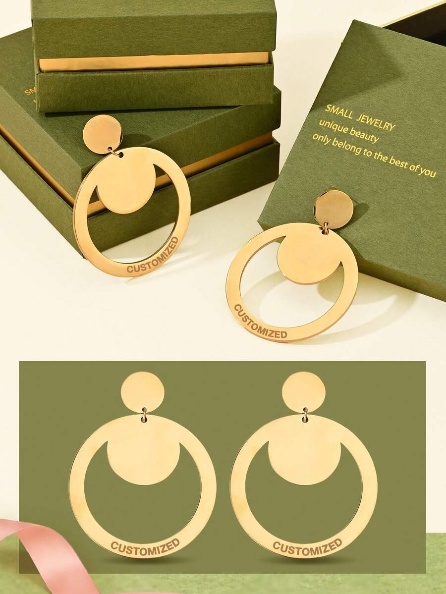 [Valentine's Day Selection] Personalized Customized Earrings, Customized Text Earrings, Round And Full Earrings, Valentine's Day Gifts, Gold Stainless Steel Jewelry, Customization, Gift Box Style, Gift Selection. - Selected Items - View 1