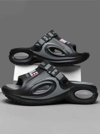 2026 Men's Summer Thick Sole Elevated Non-Slip Slip-On Soft Sole Comfortable Sandals, Soft Material, Lightweight, Suitable For Driving, Indoor, Outdoor, Beach, Wading, Colorblock Letter Design