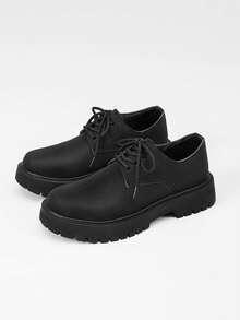 男士厚底德比鞋，英伦风休闲鞋，哑光黑色时尚休闲皮鞋，大码 38-45 - 黑色 - 查看 1