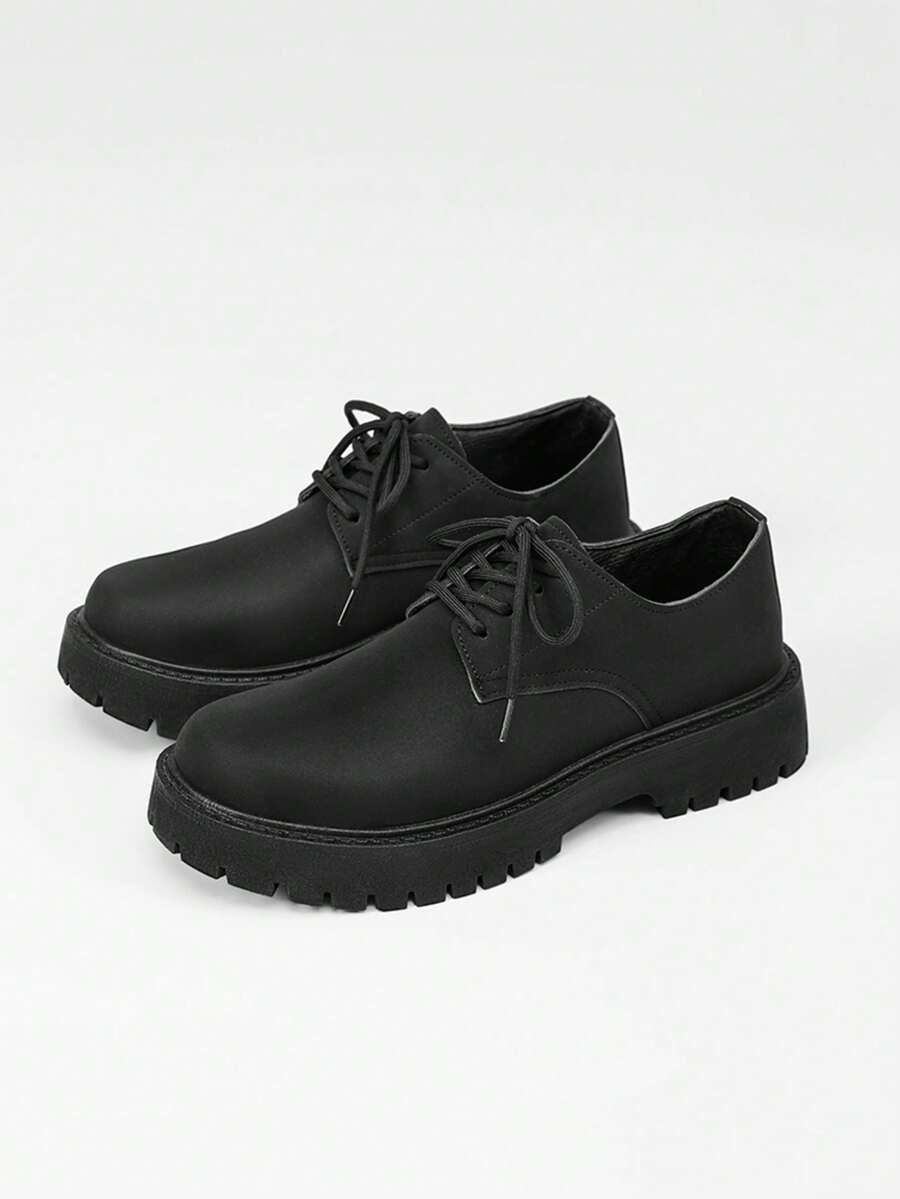 男士厚底德比鞋，英伦风休闲鞋，哑光黑色时尚休闲皮鞋，大码 38-45 - 黑色 - 查看 1