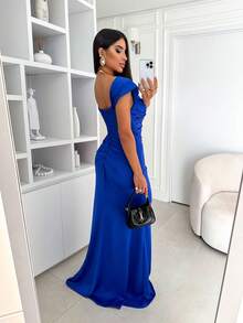 Elegant Asymmetrical Zipper Wedding Party - Blue - View 2
