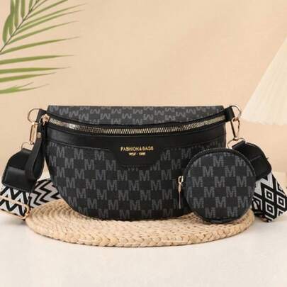 复古字母印花腰包，女士多功能斜挎饺子包，散发复古优雅气息，轻松提升休闲和通勤装扮。