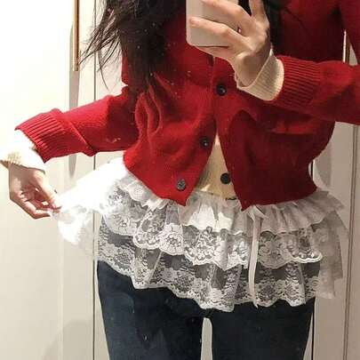1pc Layered Lace Anti-Exposure High Waist Skirt, Elastic Waist Floral Print Slip Skirt