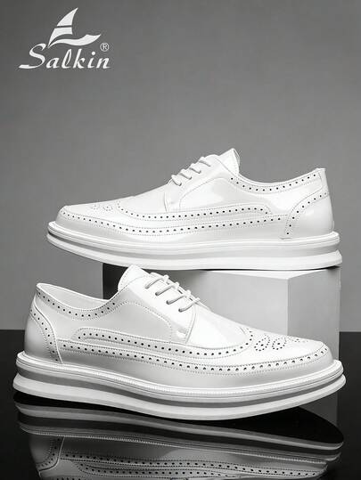 Salkin Giày da Derby phong cách cổ điển dành cho nam, giày Brogues lịch lãm dành cho quý ông, giày đế bằng buộc dây bằng da bóng, thoáng khí và chống trượt, phù hợp với vest, tiệc tùng, đám cưới, thường ngày, xuân/hè/thu, cỡ lớn, đề xuất đặt hàng nhỏ hơn một cỡ