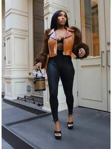Women's Fashion Faux Fur Crocodile Print Jacket Collar Design Waist Belt Detail Zipper Closure - Lạc đà G0772 - Xem 3