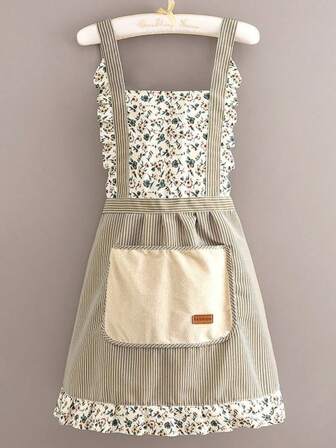 1 pieza Delantal sin mangas con estampado floral fresco, de poliéster de alta elasticidad con bolsillo, impermeable y fácil de lavar, para cocina/baño/hogar/hornear, regalo para Año Nuevo/Día de la Madre/San Valentín