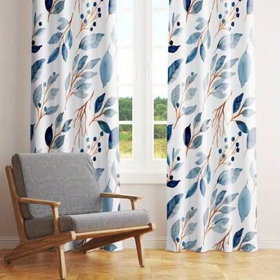 2pcs Watercolor Blue Leaves & Brown-Red Vines Decorative Curtains - Rod Pocket Design, Privacy Protection, Easy Installation - Suitable For Home Windows, Rod Pocket Style