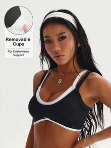 Women's Fashion Black & White Removable Padded Criss-Cross Neck Sports Knit Bra - Black and White - View 1