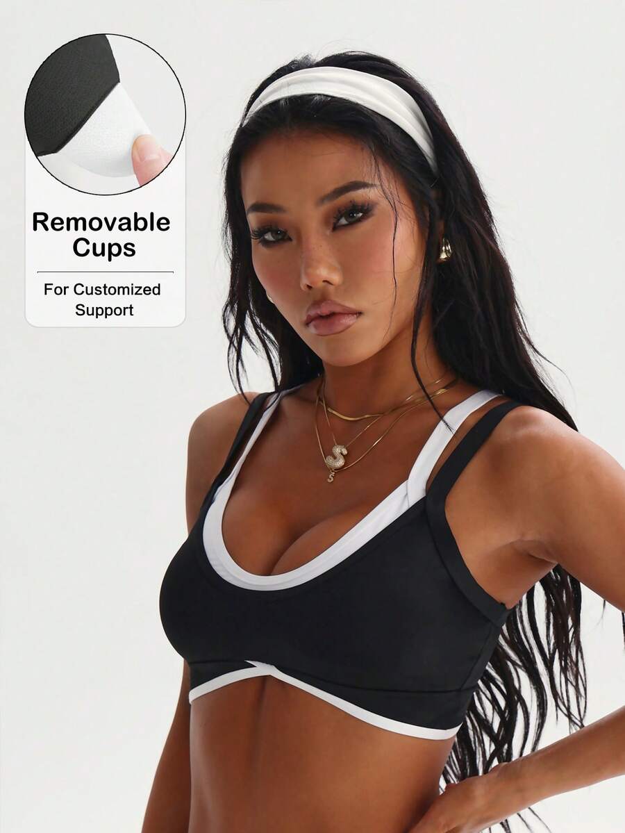 Women's Fashion Black & White Removable Padded Criss-Cross Neck Sports Knit Bra - Black and White - View 1