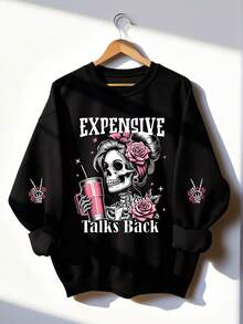 Women's Autumn/Winter Casual Loose Sweatshirt With Beverage, Rose Flower & Letter Print, Versatile Holiday Style Top, Suitable For Daily Wear, Fashionable Autumn/Winter Spring Black - Black - View 6