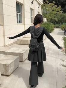 Women's Black Hooded Striped 2 In 1 Top, Autumn Casual - Black - View 2