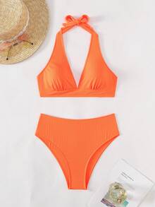 Women's Solid Color Sexy Metal Jewelry Triangle Hanging Neck Bikini Two Pieces Set - Orange - View 4