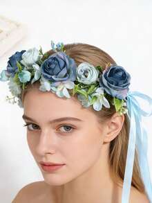 1件甜美花环头饰，人造花冠头饰，婚礼发饰 - 霧霾藍 - 查看 7