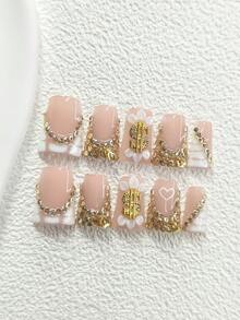 10片装优雅奢华美甲贴纸套装，亚克力美甲贴花，合金材质手工花卉装饰，闪亮香槟色水钻，尽显奢华优雅，附赠美甲工具（1张果冻贴+1把指甲锉），3种尺寸：杏仁形、鸭嘴形、棺材形，适合通勤、重要场合、派对、日常美甲等各种场合。手工按压式美甲贴片 - 彩色 - 查看 19