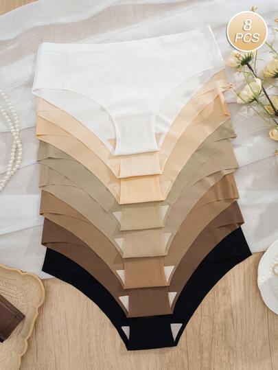 8pcs/Pack Multicolor Minimalist Comfortable Breathable Seamless Adhesive Ribbed Women's Bikini Panties