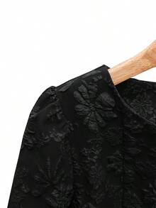 Women's Elegant Minimalist Black Jacquard Patchwork Fabric Round Neck Short Sleeve Midi Dress, Spring/Summer - Black - View 6