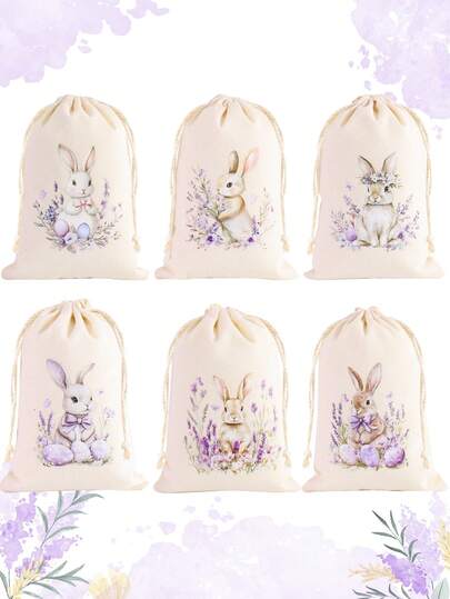6pcs Easter Gift Bags With Drawstring, Purple Easter Bunny Eggs Lavender Pattern Cotton Drawstring Bags Party Favor Bags Bulk, Holiday Gift Pouches For Jewelry Storage, Easter Treat Bags For Gift Wrapping, Spring Easter Party Supplies