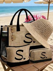 Bộ 4 túi đi biển, thiết kế in hình trái tim độc đáo với các chữ cái từ A đến Z. Mũ chống nắng khoét lỗ mùa xuân hè, mũ xô kiểu Bohemian và mũ len thoáng khí vành rộng kiểu ngư dân. - Nhiều màu - Xem 4