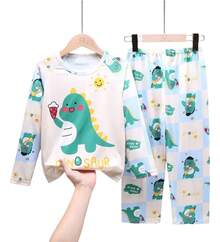 TendenciaConjunto De Pijama Infantil Dinosaurio, Manga Larga 2 Piezas Verde MCalidad premium