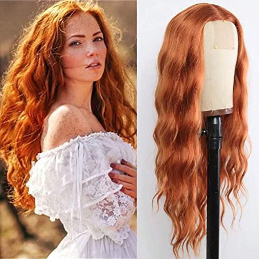 DGinger Orange Color Lace Front Wigs Loose Wave Wigs For Fashion Women Heat Resistant Natural Wave Auburn Wigs Long Wavy Synthetic Hair Replacement Wigs 24 Inch Light Brown Wig - 薑橙棕色 - 查看 1