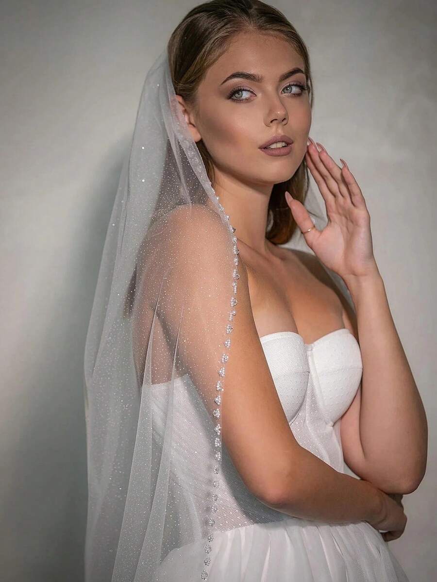 1pc Handmade Beaded Rhinestone Starry Glitter Bridal Veil, Suitable For Weddings, Wedding Photography, Holiday Gifts, Comes With Metal Hair Comb Valentine's Day Accessories - V - Xem 1