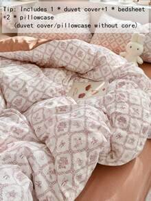 1 Set Burgundy Plaid & Floral Lace Bedding Set, Strawberry Bow & Line Print, Includes 1 Duvet Cover + 1 Flat Sheet + 2 Pillowcases, Caramel Brown Solid Color Soft Polyester Fiber Bedding Set, 4-Piece, Duvet Cover & Pillowcases Without Filler - Camel - View 2