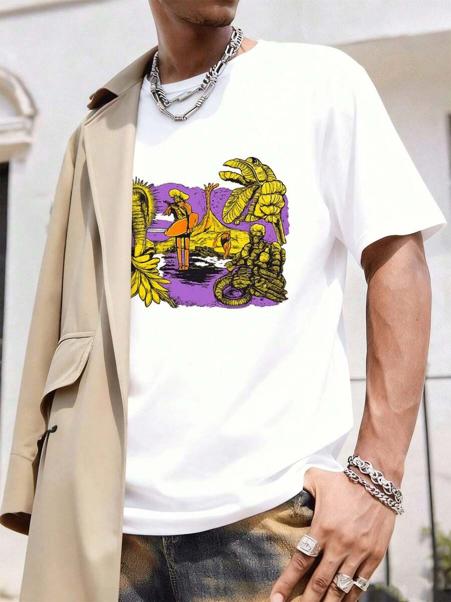 T-shirt vintage con stampa grafica del deserto, cotone di prima qualità, vestibilità comoda, stile street hip-hop, comoda, design grafico - Bianco - Visualizzare 1