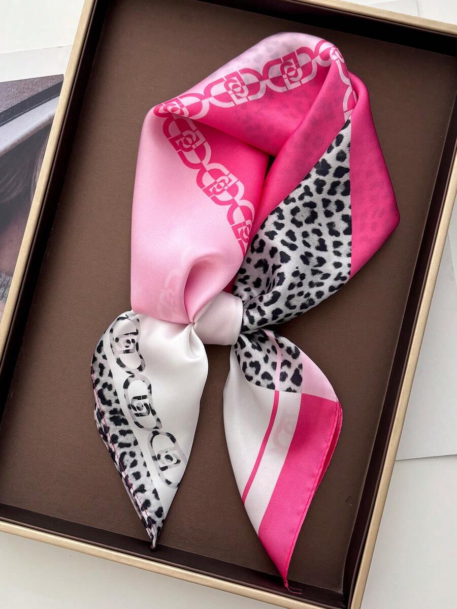 1条70厘米豹纹印花女士围巾，仿丝绸材质，时尚百搭，可作头巾或领巾使用。 - 粉色 - 查看 1