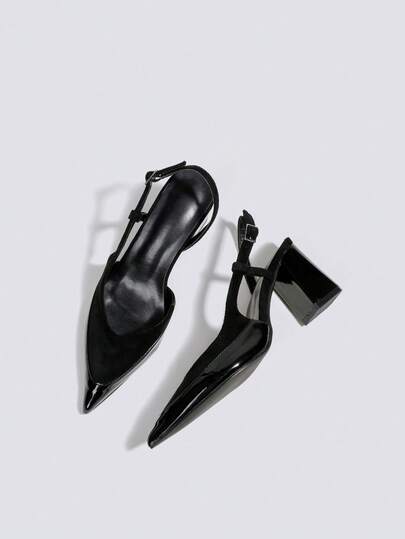 女士黑色绒面拼接高跟凉鞋，7厘米粗跟鞋，派对高跟鞋，婚礼正装鞋，露跟尖头高跟凉鞋