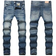 Vaqueros ajustados elásticos punk rock para hombres 2026 nueva llegada pantalones de mezclilla desgastados con bigotes de gato azul oscuro moda de streetwear ajustada - Azul - Ver 9
