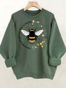 Bee Print Sweatshirt, Long Sleeve Crew Neck Casual Sweatshirt For Fall & Spring, Women's Clothing Christmas Outfit Women Christmas Sweatshirt Fall Clothes For Women Winter Clothes For Women Christmas Decor - 橄欖綠 - 查看 14