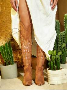 Cowgirl Boots For Women Knee High Boots Embroider Chunky Heel Pointed Toe Western Cowboy Boots With Side Zipper Comfy Outfit For Women Outdoor Indoor Shoes - 亮橙色 - 查看 5