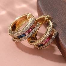 Luxury Elegant Round Earrings With Colorful Square Synthetic Cubic Zirconia Pendants, Suitable For All Occasions, Perfect Holiday Gift - Gold - View 3